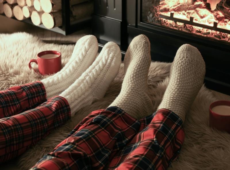 feet being warmed by a fire
